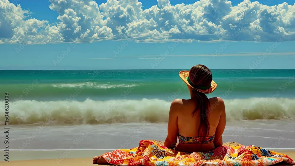 Aufkleber relaxing woman enjoying the beach view while seated on a colorful towel beneath a bright sky on a su