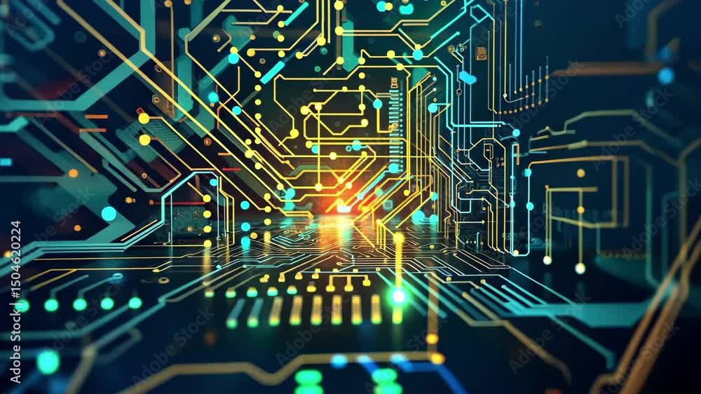 Aufkleber Explore vibrant digital circuits with dynamic glowing patterns in high-resolution 4k stock recording showcasing advanced technology and innovation