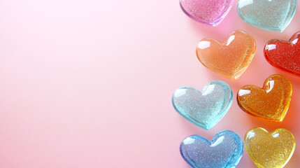 Obraz premium Colorful glass heart decorations on soft pink background, perfect for Valentine’s Day, love-themed designs, romantic celebrations, crafts, greeting cards, and digital design projects