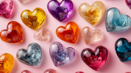 Colorful glass heart decorations on soft pink background, perfect for Valentine’s Day, love-themed designs, romantic celebrations, crafts, greeting cards, and digital design projects


