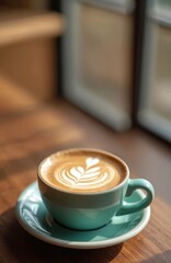 Top view of cappuccino coffee cup on wooden table. Morning light illuminates foam art with latte art. Coffee aroma. Caffeine beverage, breakfast cafe concept.