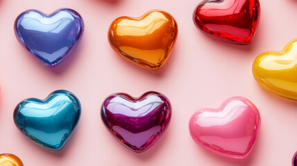 Colorful glass heart decorations on soft pink background, perfect for Valentine’s Day, love-themed designs, romantic celebrations, crafts, greeting cards, and digital design projects


