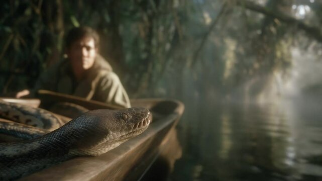 A giant python in the Amazon jungle coils around a small boat