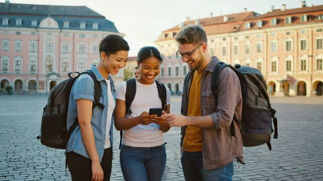 Three young people, two women and one man, checking smartphone for navigation in city square. International students exploring European architecture.