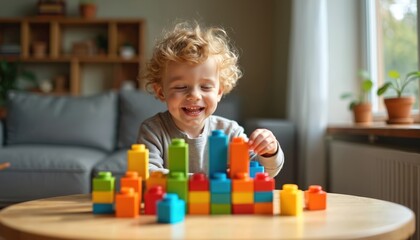 Happy caucasian toddler boy playing with colorful building blocks. Child smiles builds tower. Creative preschool activity at home. Kid with toy bricks, learning through fun.