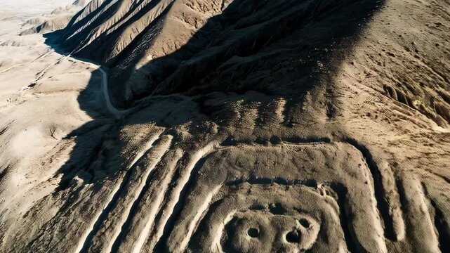 Aerial view of ancient geoglyph carving of humanoid figure in desert landscape terrain on hill slope
