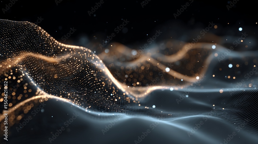 Poster abstract golden blue particle wave digital art background elegant modern design futuristic technolog