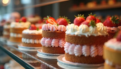 Assorted gourmet cakes, pastries in bakery display case with fresh strawberries, decorative frosting. Variety of sweet treats on showcase. Delicious dessert, baked goods selection for cafe,