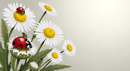 A bouquet of white daisies with two red ladybugs on petals. Spring and summer nature scene for greeting card background and banner design with copy space