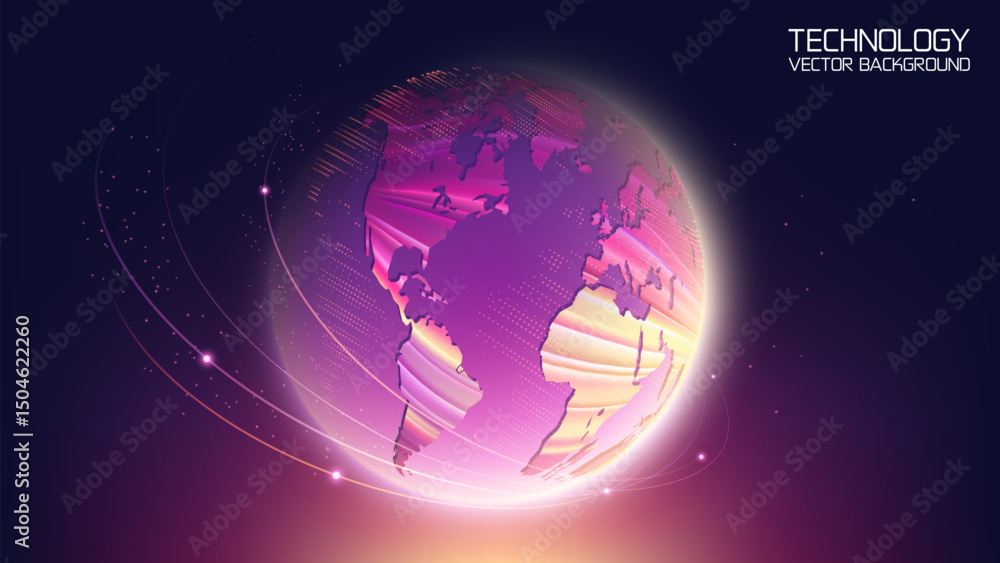Poster bright technological vector background. planet earth. abstract technological rings in the orbit of t