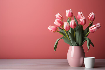 Obraz premium Pink tulips in vase on table with cup and solid color background