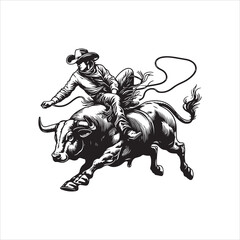 Obraz premium Bull Rodeo Showdown – Cowboy Riding a Bucking Bull in Action