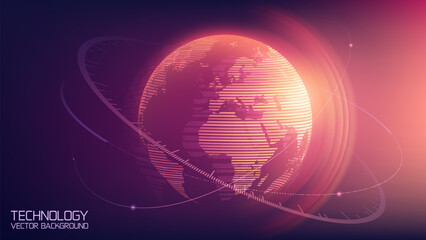 Technology vector background. Planet Earth. Abstract technological rings in the orbit of the planet. Global communication system and communication satellites. Religious image. The effect of movement.