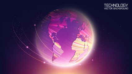 Bright technological vector background. Planet Earth. Abstract technological rings in the orbit of the planet. Global communication system and communication satellites. Religious image. 