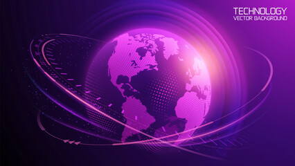 Dark purple technology vector background. Planet Earth. Abstract technological rings in the orbit of the planet. Global communication system and communication satellites. Religious image. 