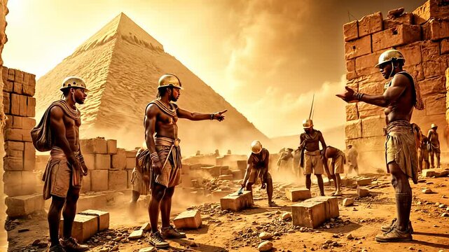 Egyptian pyramid construction, Egyptians talking, discussing construction work on the Pyramid of Cheops in Ancient Egypt at Giza