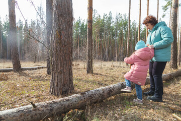 grandmother with granddaughter walking in nature in the forest