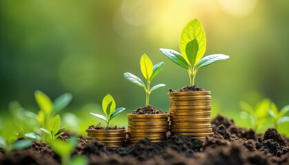 Growing plants sprout from stacks gold coins. Illustrates financial growth, investment, wealth. Business concept of sustainable growth, economic development. ESG adoption benefits for SMEs reduced