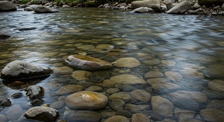 Fototapeta premium Peaceful flowing stream through grassy field, natural serene landscape, calm water in nature