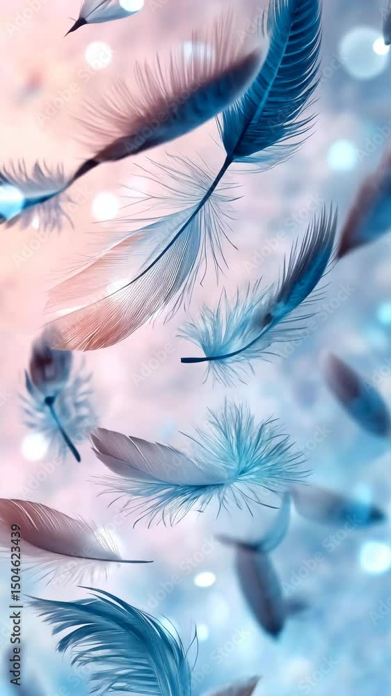 Poster floating feathers drift across a soft gradient, imparting a delicate visual touch. vertical.