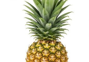 Fototapeta premium Close up view of a pineapple with green leaves and yellow skin on a plain white background