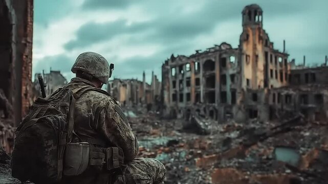 Soldier observing the devastation of a war-torn city, amid ruins and overcast skies, reflecting on loss