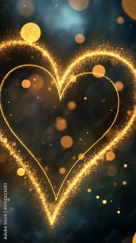Poster a delicate heart is outlined by sparkling lights in measured slow-motion flow. vertical.