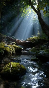 A serene forest scene with rays of sunlight illuminating a peaceful stream.