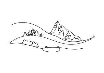 Mountains, one line drawing vector illustration.