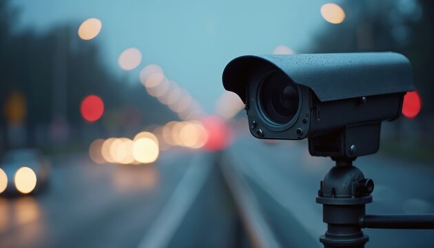 Speed camera on busy road at night. Surveillance technology, blurred lights in background. Law enforcement road safety, modern traffic monitoring equipment for driver violation detection.