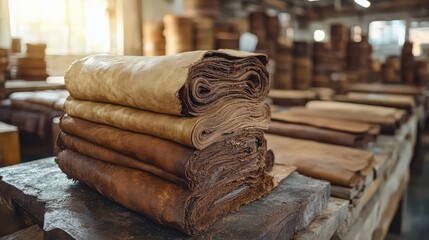 Assorted rolls of leather fabrics stacked in a workshop showcasing an artisanal production environment