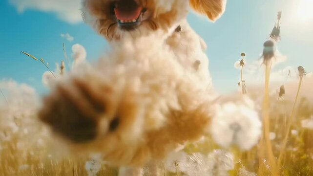 Curly poodle puppy sitting among dandelion seeds, smiling with open mouth in sunny meadow with blurred background. Playful dog enjoying outdoor summer scene.