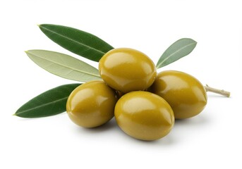 A close up of four green olives with a small branch and leaves on a white background in a studio shot