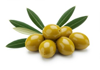 A close up shot of a group of green olives with leaves on a white isolated background in studio shot