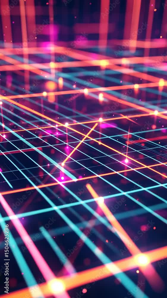 Poster neon lines intersect in a grid with radiant glows for a futuristic feel. vertical.