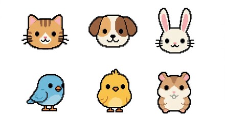 Fototapeta premium Tiny Cute Animals in Pixel Art – numbers of bits Cartoon Creatures on White Background