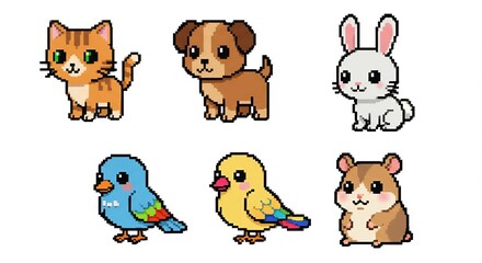 Fototapeta premium Tiny Cute Animals in Pixel Art – numbers of bits Cartoon Creatures on White Background