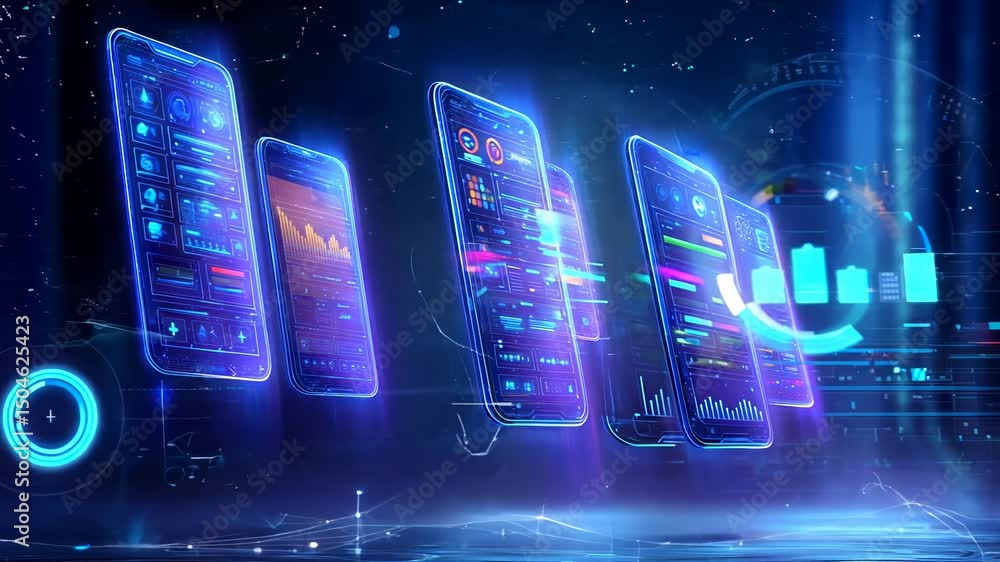 Poster multiple holographic smartphone interfaces with glowing blue and purple color palette, displaying va