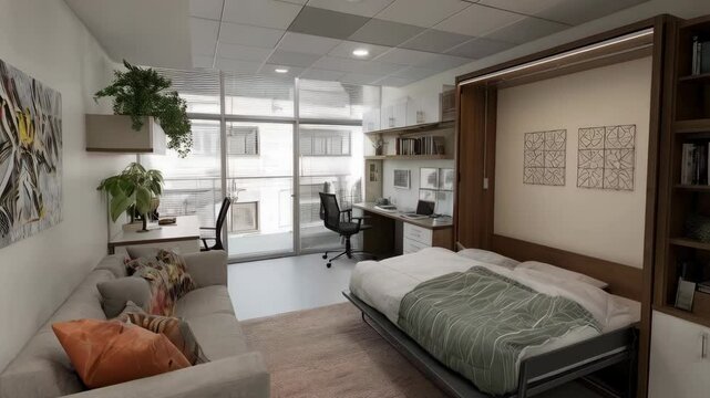 Modern studio apartment interior with convertible bed, desk, sofa, and plants, showcasing efficient space utilization and contemporary design.