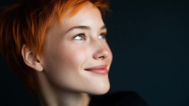 Attractive woman with orange pixie cut and gentle smile
