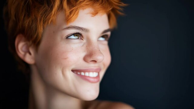 Attractive woman with orange pixie cut smiling in studio lighting