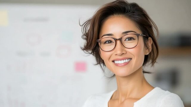 Confident Professional Woman: A close-up portrait of a composed woman, radiating intelligence and approachability through her warm smile and gentle gaze.
