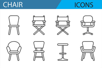 Chair icons featuring a variety of seating types, including office chairs, armchairs, and stools, ideal for digital content.