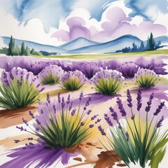 Obraz premium Artistic watercolor image of lavender flowers in countryside scenery