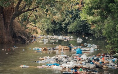 A view of a polluted river, Trash and waste in the river