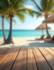 Fototapeta premium Empty wooden table in front of blurred beach with coconut trees, deck chairs, umbrellas. Sea and sky background, blue ocean, sandy beach. Perfect product display for tropical theme.
