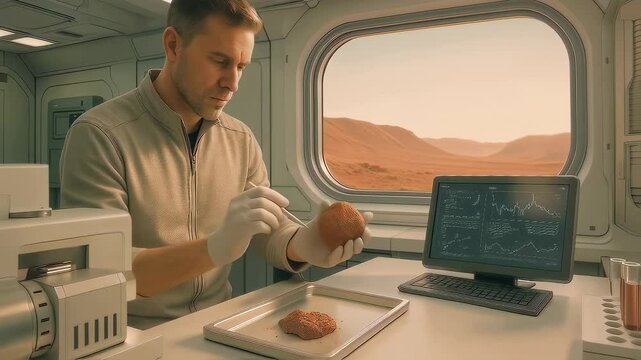 Scientist in white uniform examines sample in Mars habitat laboratory, analyzing organic material with digital monitoring equipment. Martian landscape visible through window.