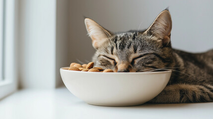 A cat in front of white  bowl filled with dry cat food placed on a solid gray  background, highlighting the kibble's texture and earthy tones.
