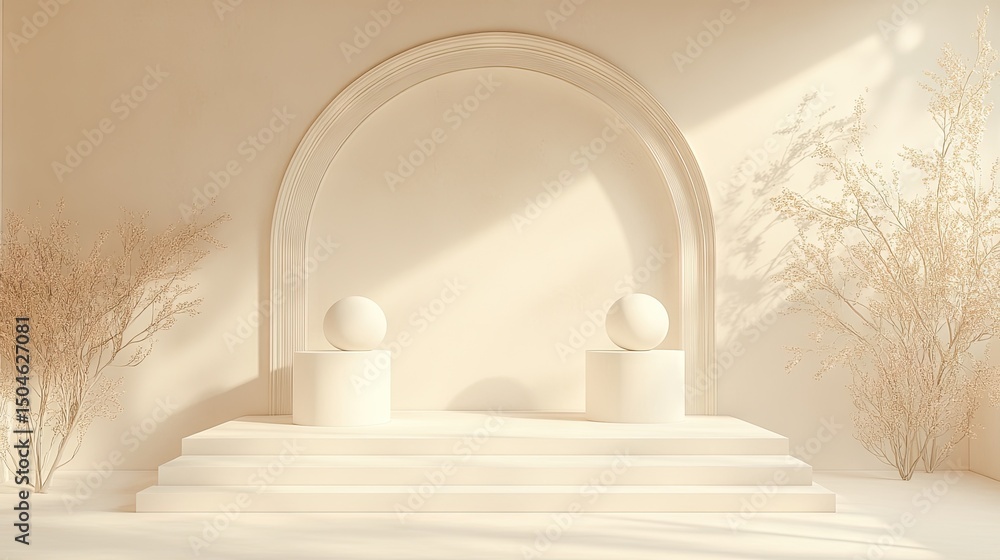 Poster minimalist display podium with a soft color palette.