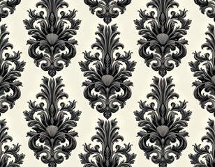 Seamless pattern design with baroque ornament. Black floral elements on cream background. Vintage decor, decorative textile print for wrapping paper, wallpaper, fabric design, fashion.